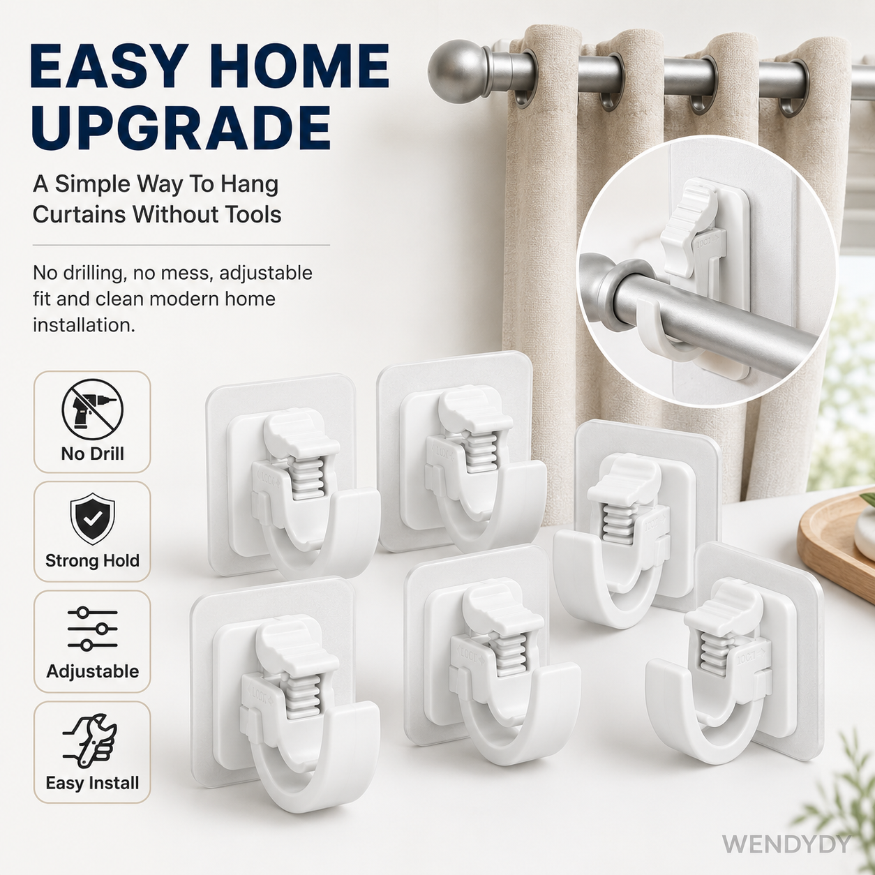 🔥Nail-Free Adjustable Curtain Rod Hooks