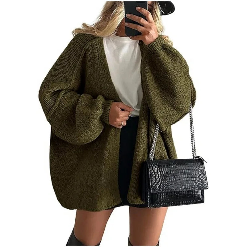 Women’s Cozy Knit Cardigan Sweater – Oversized Mid-Length Button-Up Jacket for Fall & Winter