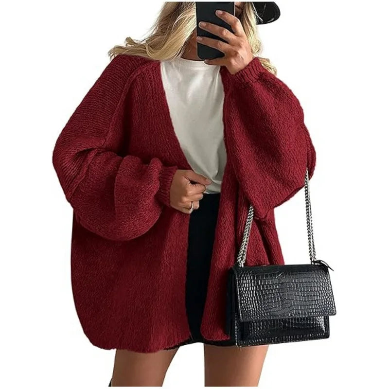 Women’s Cozy Knit Cardigan Sweater – Oversized Mid-Length Button-Up Jacket for Fall & Winter