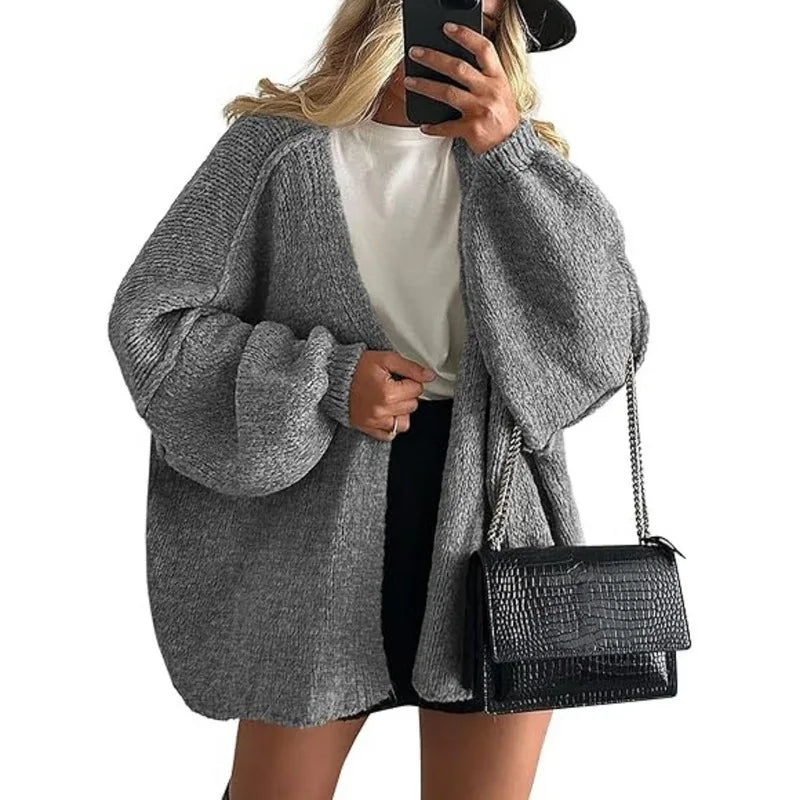 Women’s Cozy Knit Cardigan Sweater – Oversized Mid-Length Button-Up Jacket for Fall & Winter