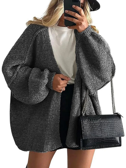 Women’s Cozy Knit Cardigan Sweater – Oversized Mid-Length Button-Up Jacket for Fall & Winter