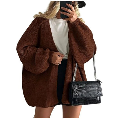 Women’s Cozy Knit Cardigan Sweater – Oversized Mid-Length Button-Up Jacket for Fall & Winter