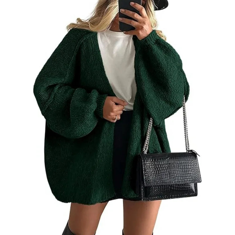 Women’s Cozy Knit Cardigan Sweater – Oversized Mid-Length Button-Up Jacket for Fall & Winter