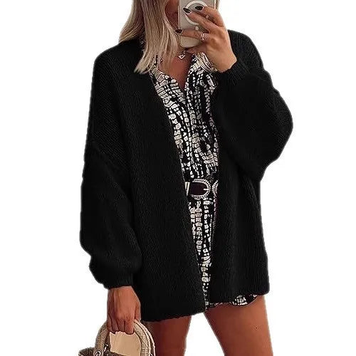 Women’s Cozy Knit Cardigan Sweater – Oversized Mid-Length Button-Up Jacket for Fall & Winter