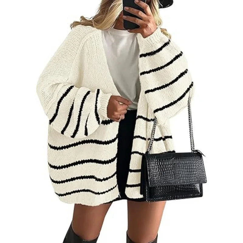 Women’s Cozy Knit Cardigan Sweater – Oversized Mid-Length Button-Up Jacket for Fall & Winter