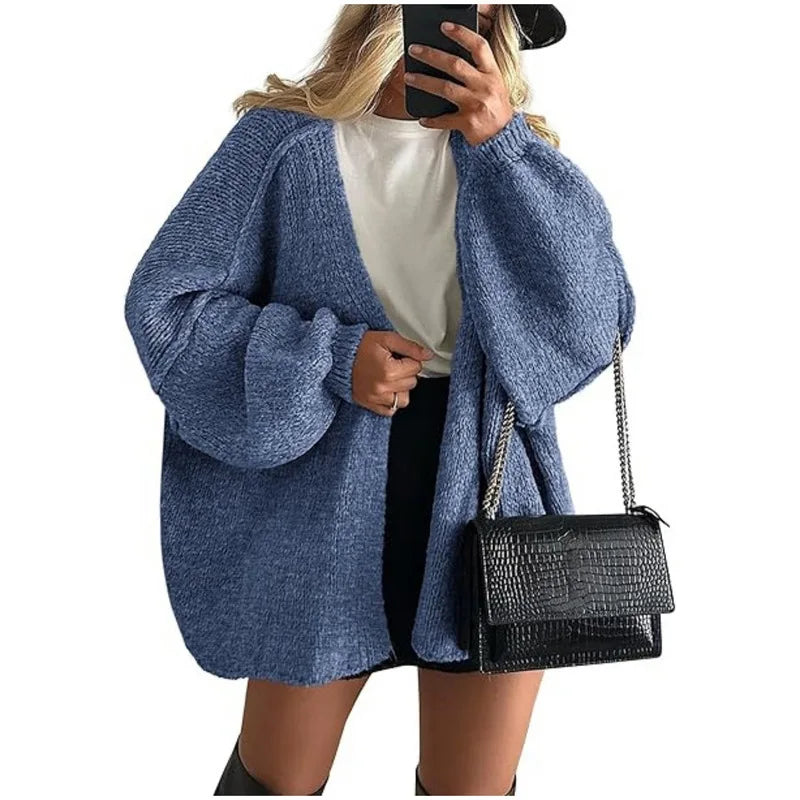Women’s Cozy Knit Cardigan Sweater – Oversized Mid-Length Button-Up Jacket for Fall & Winter