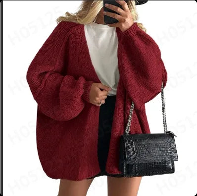 Women’s Cozy Knit Cardigan Sweater – Oversized Mid-Length Button-Up Jacket for Fall & Winter