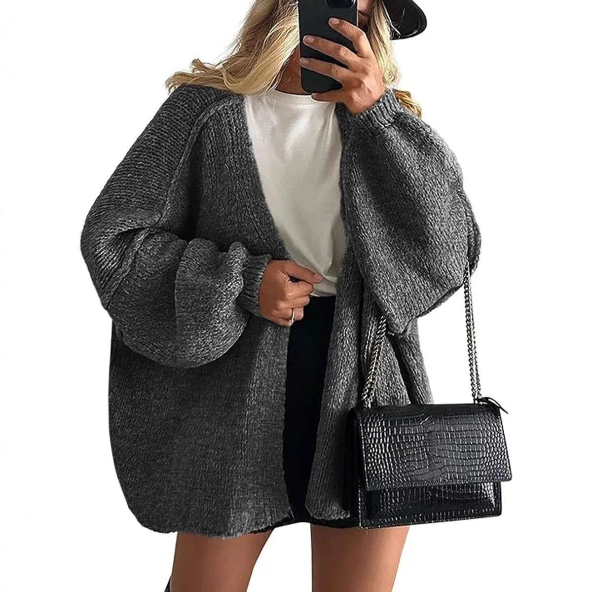 Women’s Cozy Knit Cardigan Sweater – Oversized Mid-Length Button-Up Jacket for Fall & Winter