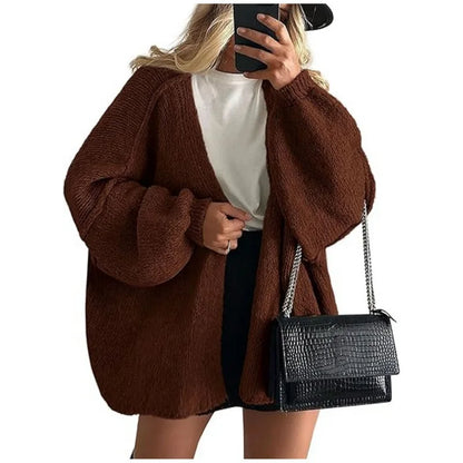 Women’s Cozy Knit Cardigan Sweater – Oversized Mid-Length Button-Up Jacket for Fall & Winter