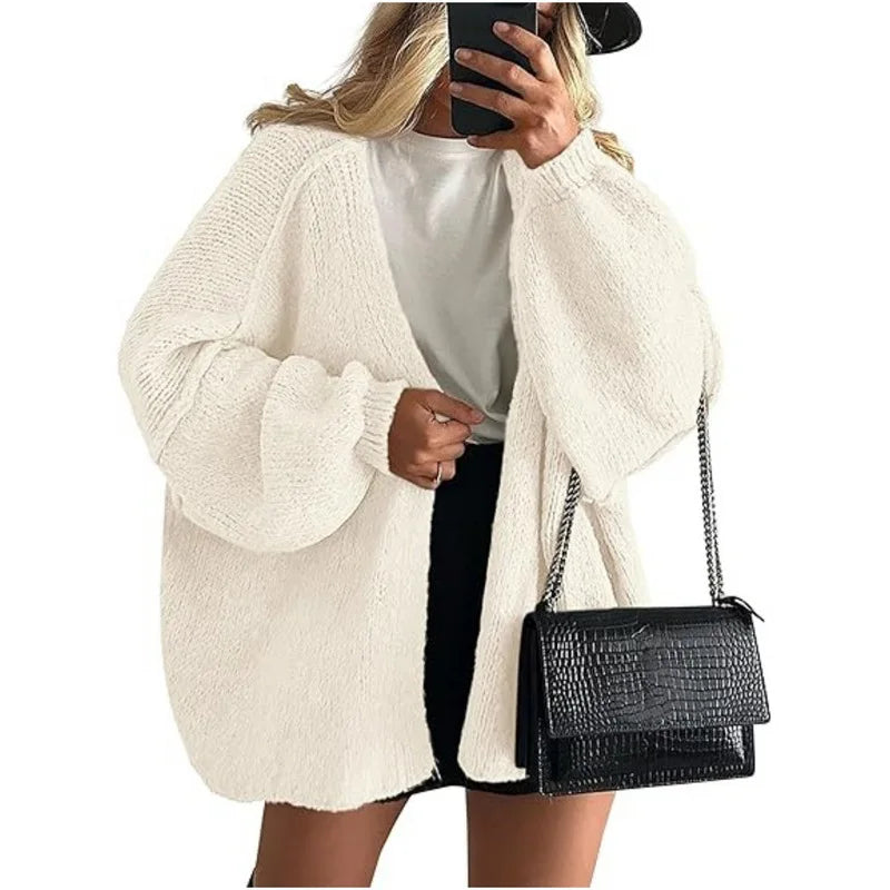 Women’s Cozy Knit Cardigan Sweater – Oversized Mid-Length Button-Up Jacket for Fall & Winter