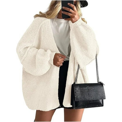 Women’s Cozy Knit Cardigan Sweater – Oversized Mid-Length Button-Up Jacket for Fall & Winter