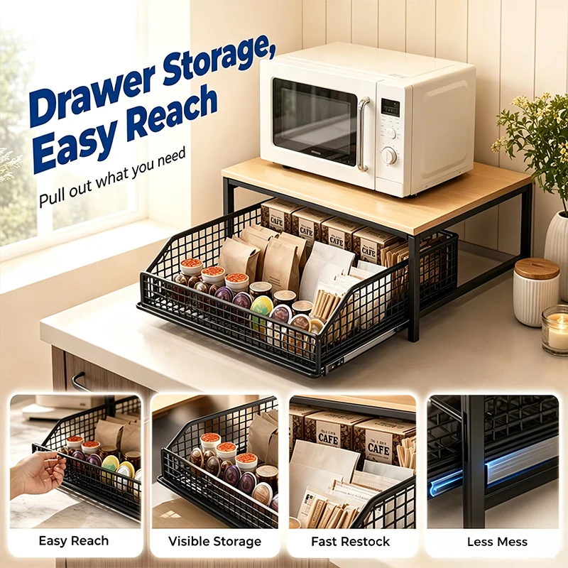 2-Tier Coffee Station Organizer with Pull-Out Drawer
