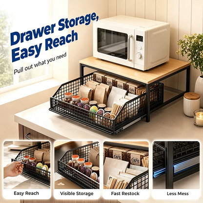 2-Tier Coffee Station Organizer with Pull-Out Drawer