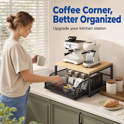 2-Tier Coffee Station Organizer with Pull-Out Drawer