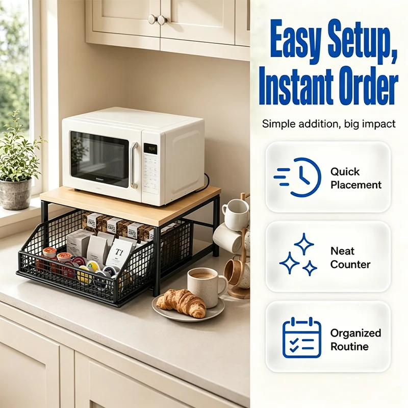 2-Tier Coffee Station Organizer with Pull-Out Drawer