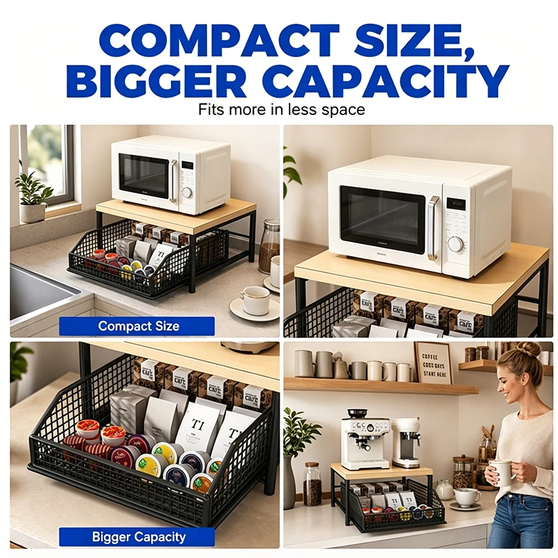 2-Tier Coffee Station Organizer with Pull-Out Drawer